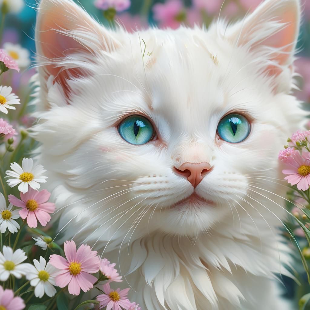 Creamy Kitten Portrait with Wildflowers, Inspired by Art Nou...