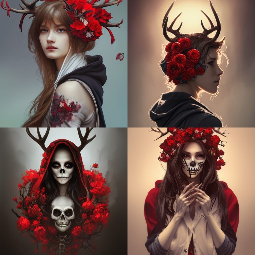 Skull Girl with Antlers: Hyperdetailed Digital Portrait