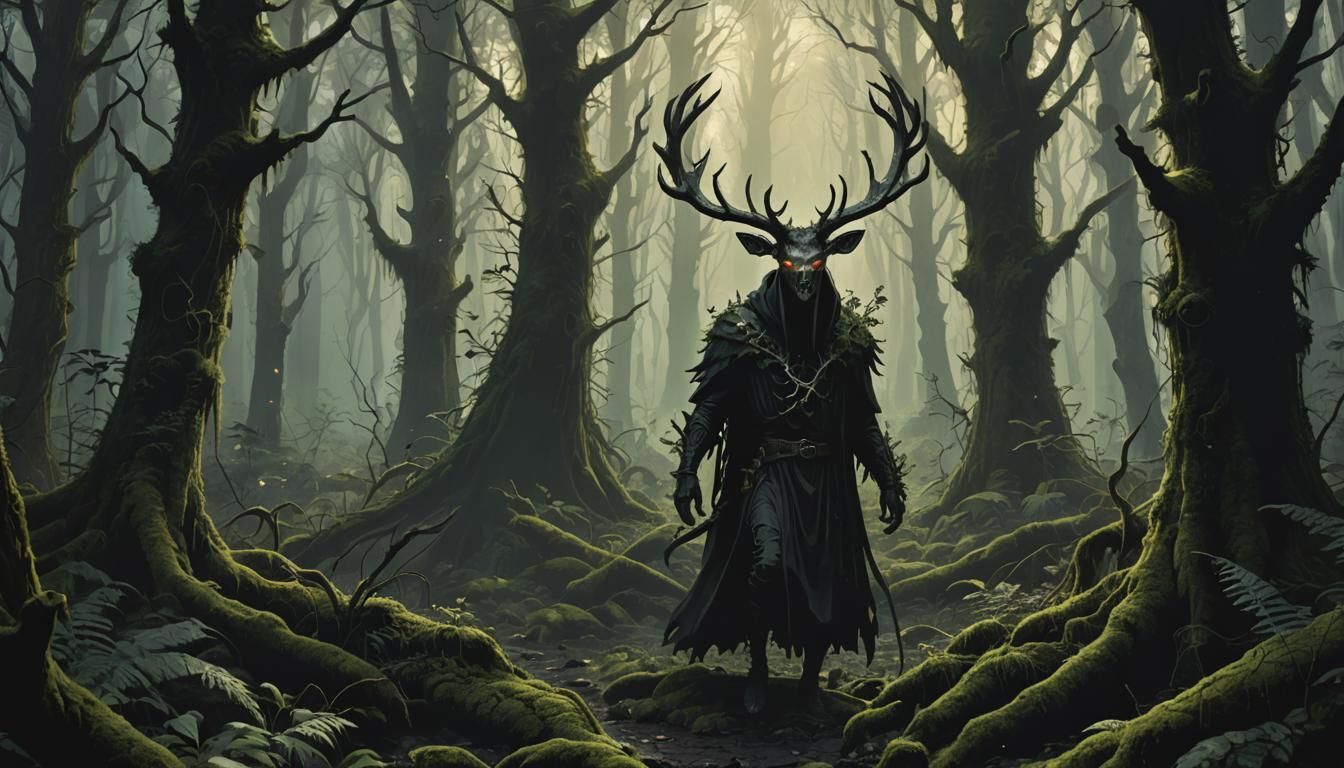 Dark Forest with Antlered Figure and Glowing Eyes