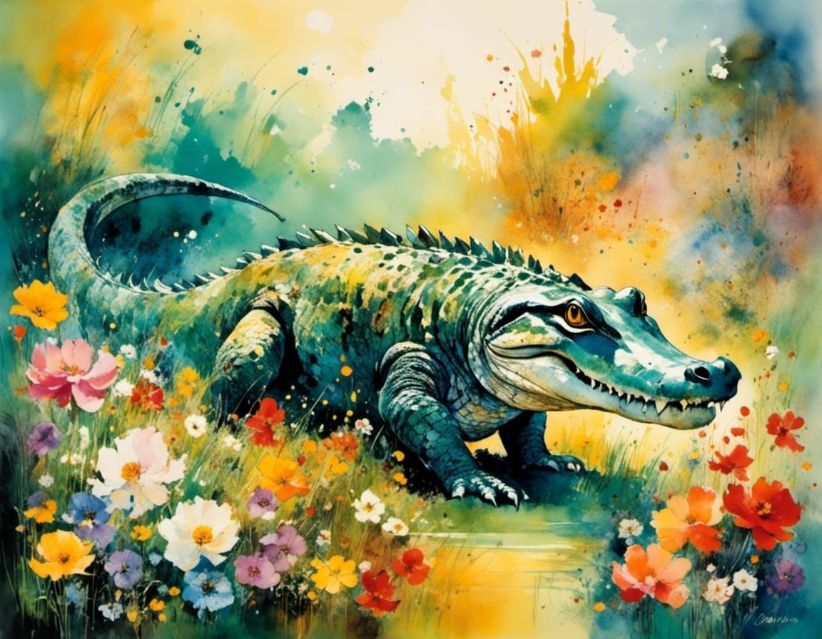 Majestic Alligator in Floral Fantasy Landscape