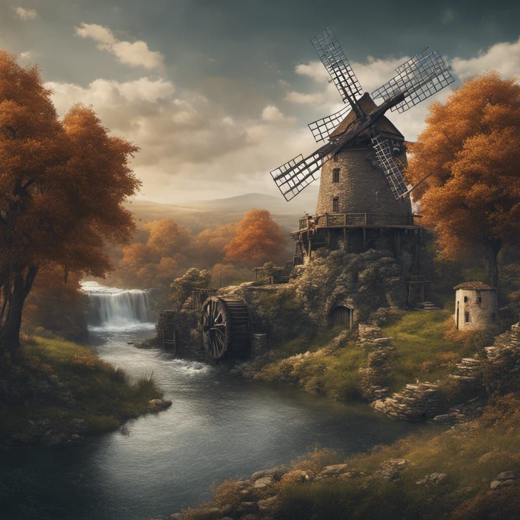 Medieval Windmill and Watermill Fantasy Art