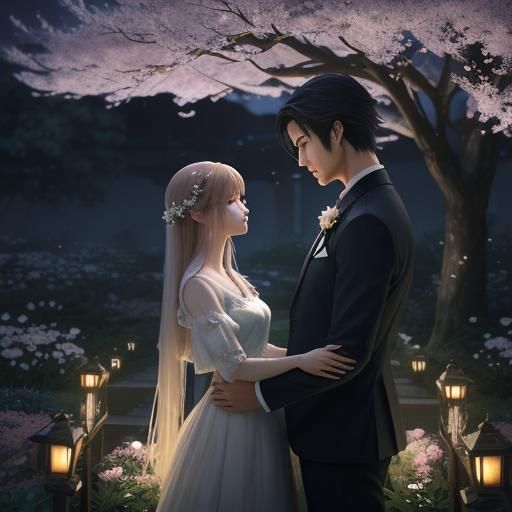 Romantic Anime Couple in Moonlit Garden: 3D Concept Art
