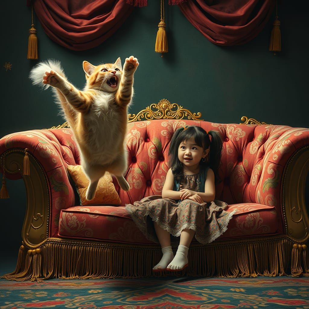 Startled Cat Leaping From Cucumber in Dreamlike Setting