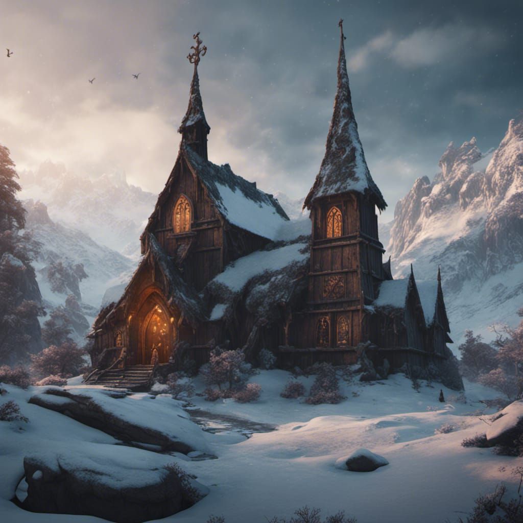 Viking Church with Queen and Dragon: Fantasy Art