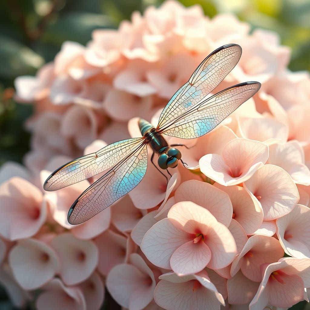 Dragonfly Amidst Pastel Hydrangeas in Whimsical Botanical St...