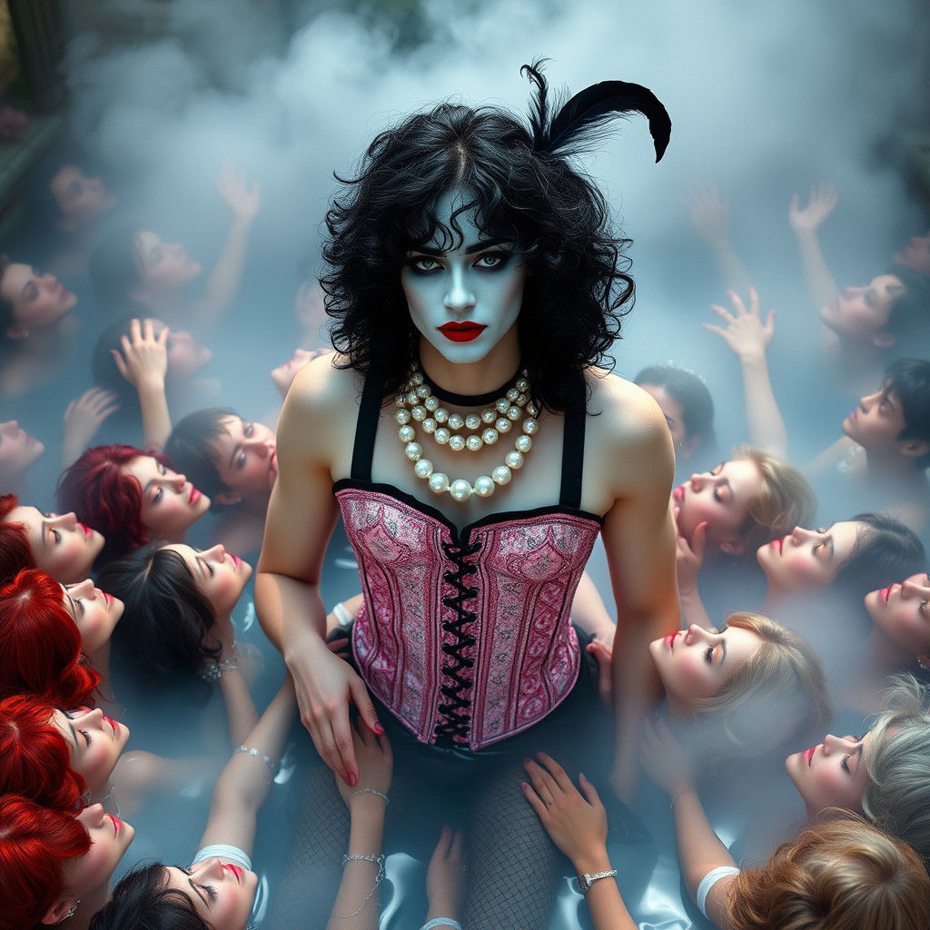 Captivating Androgynous Figure in Dreamy Pool Scene