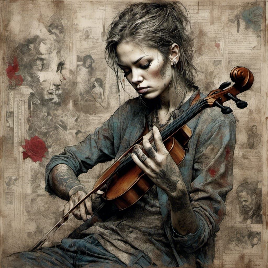 Hyperrealistic Merlin Haggard Playing Fiddle with Grunge Eff...