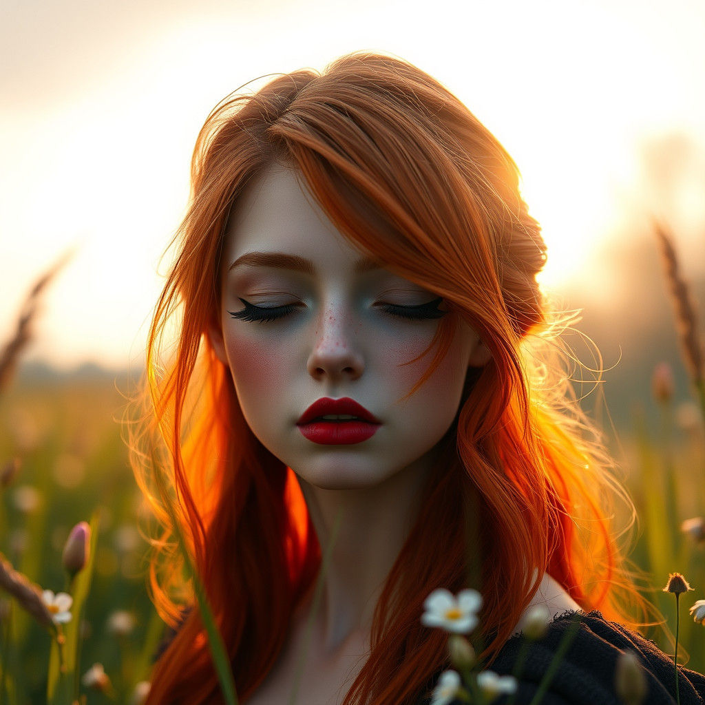 Red-Haired Girl in Meadow: Fantasy Concept Art