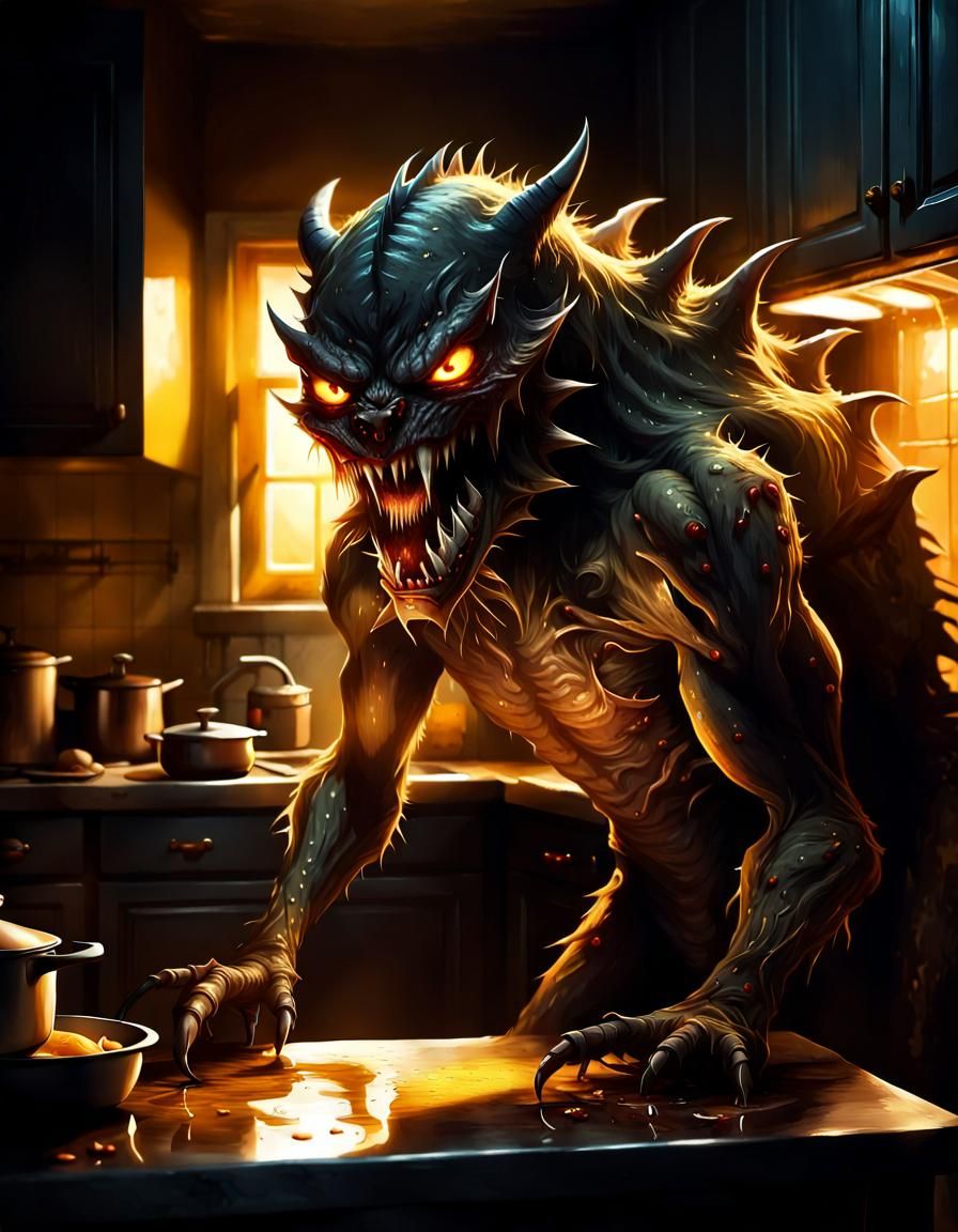 Eerie Monster in Kitchen: Dark Fantasy Illustration