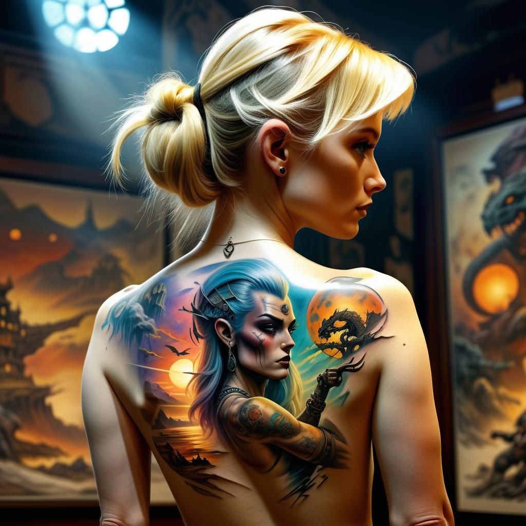 Detailed Fantasy Tattoo Art on Woman's Back