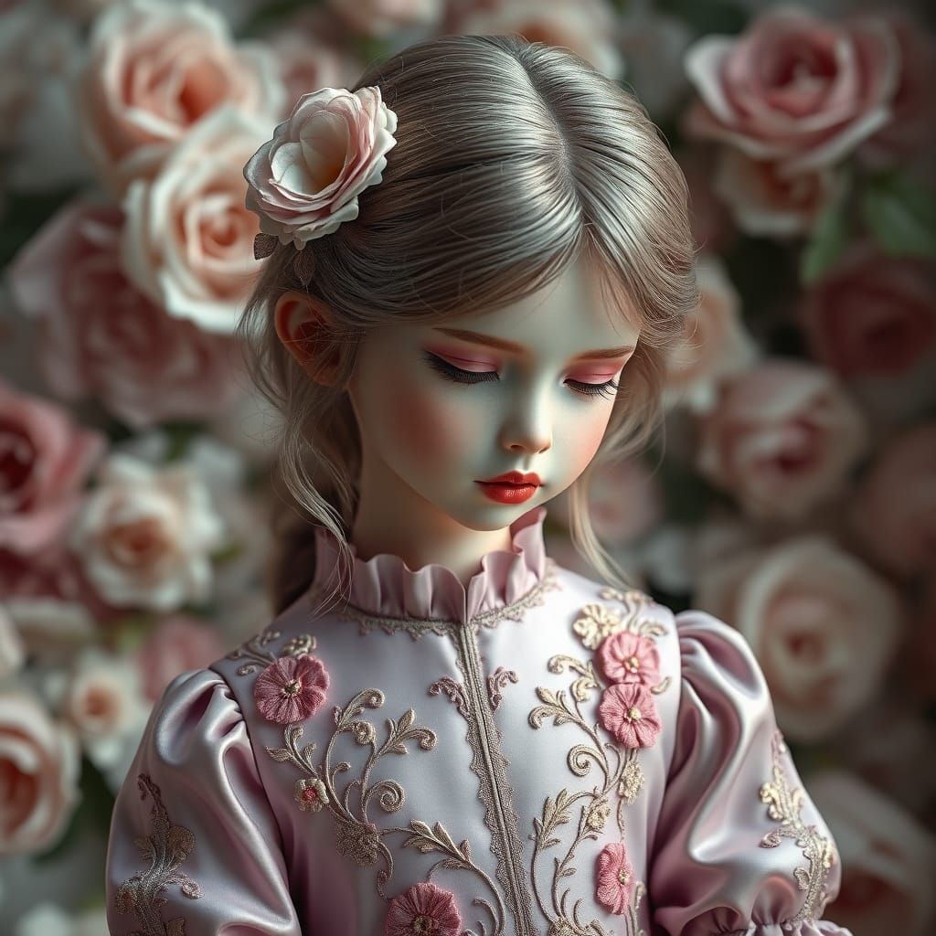 Ethereal Porcelain Girl with Floral Embroidery, 3D Render