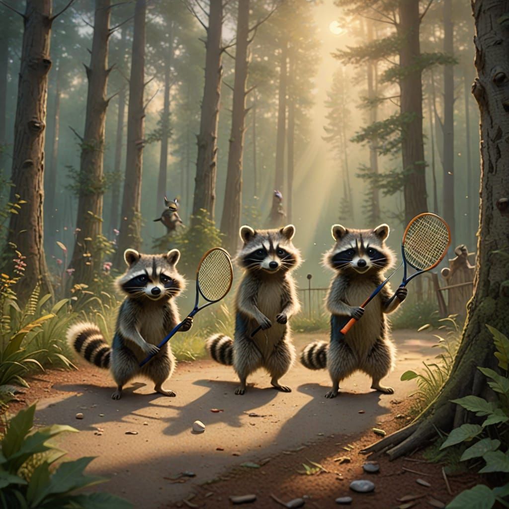 Raccoons Play Tennis in Ethereal Fantasy Forest
