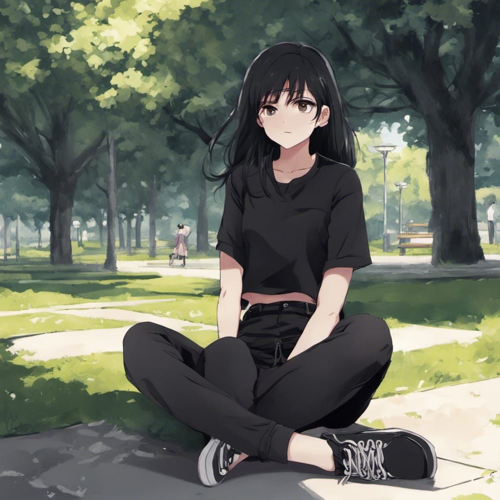 Melancholic Anime Woman in Dark Park Scene