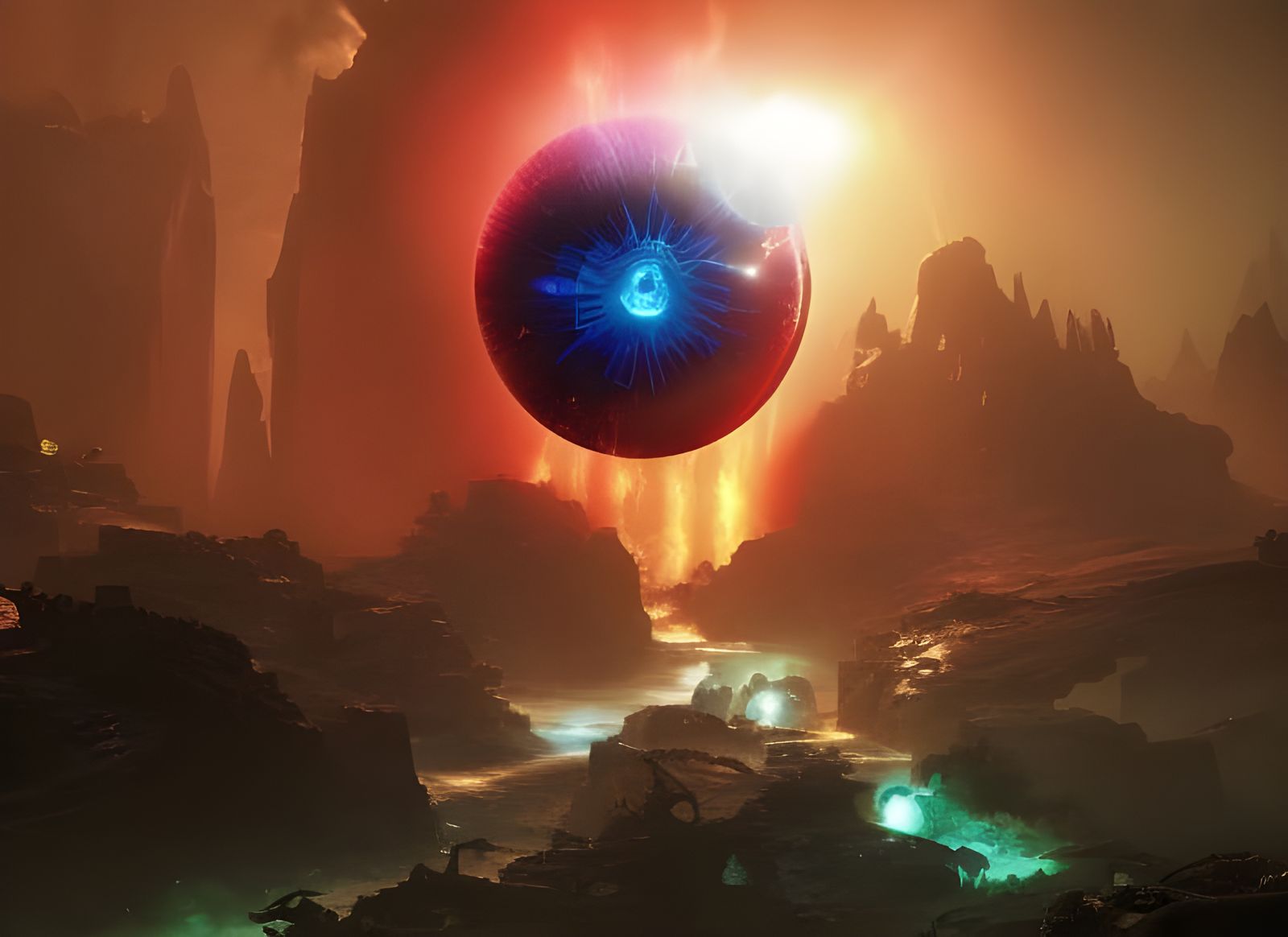 Biomorphic Landscape with Luminous Spheres in Fantastical Ru...