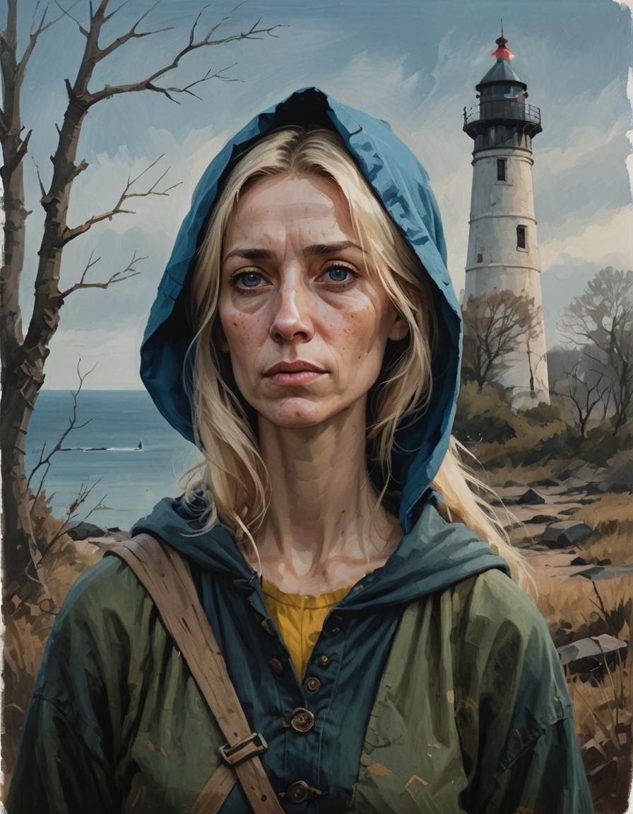 Peasant Woman Portrait with Lighthouse in Oil Paint