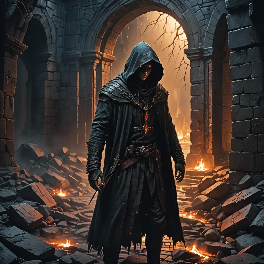 Hooded Figure in Mystical Ruins: Dark Fantasy Art