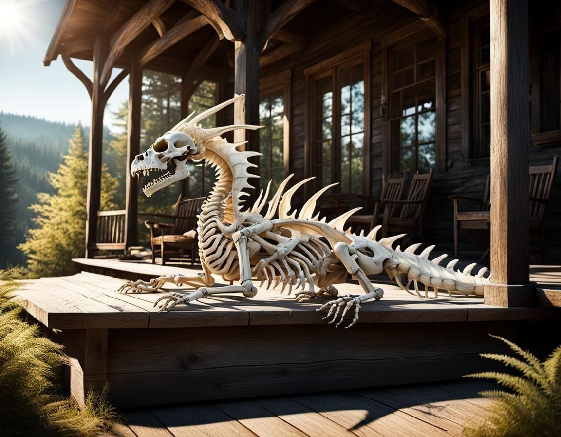 Young Skeleton Dragon Grooming on Sunny Porch