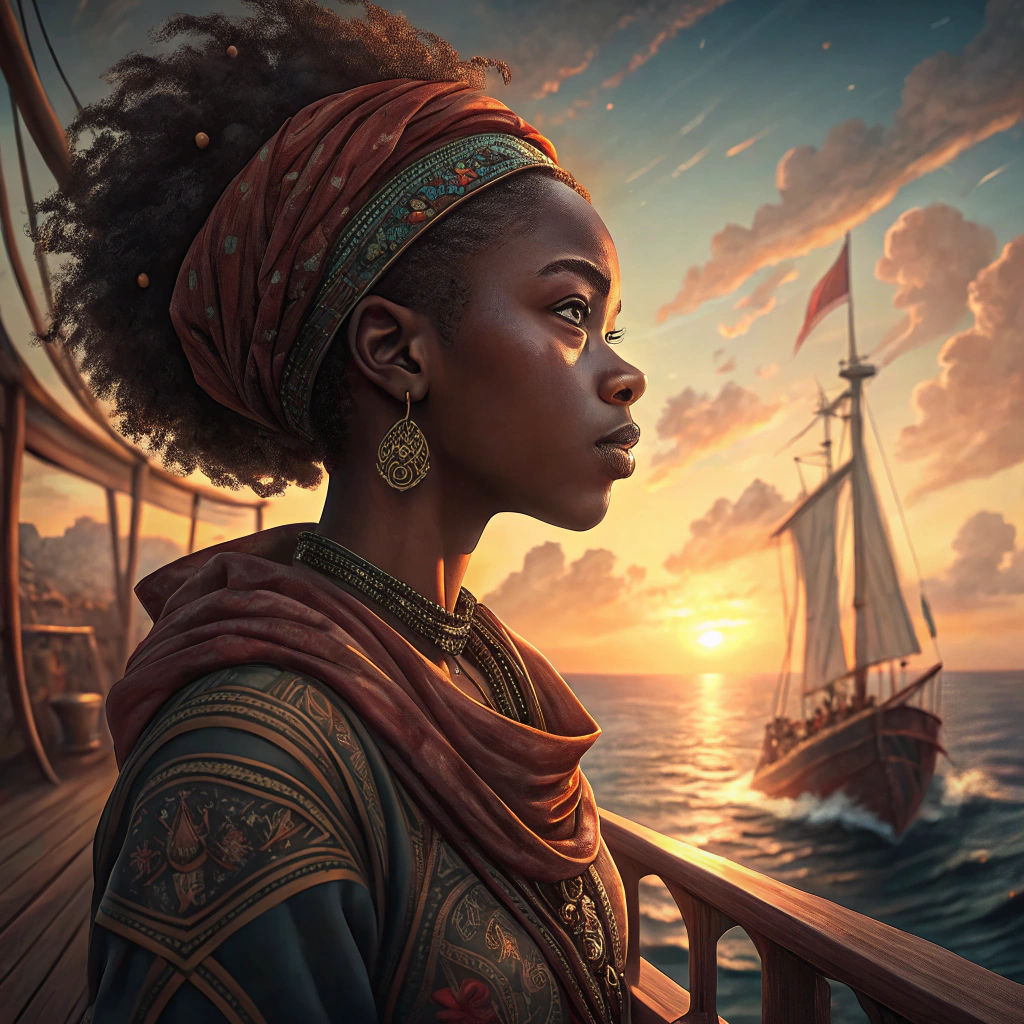 African Girl Portrait on Ship at Sunset