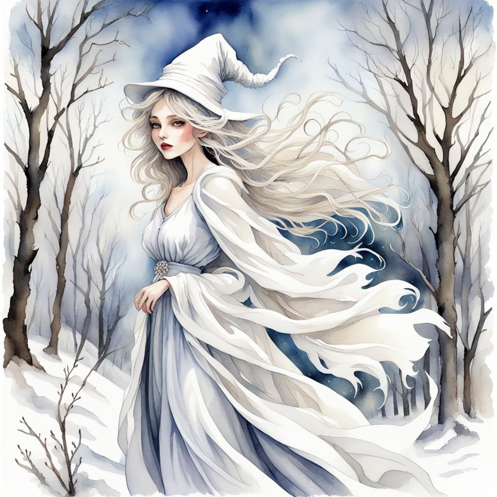 Winter Witch in Windswept Watercolor Woods