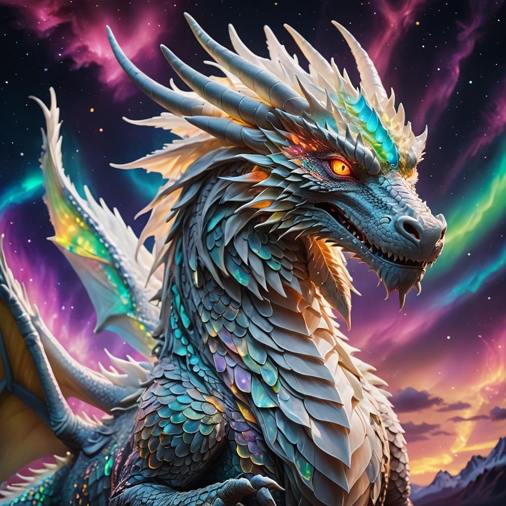 Celestial White Dragon in Aurora: Neon Photography