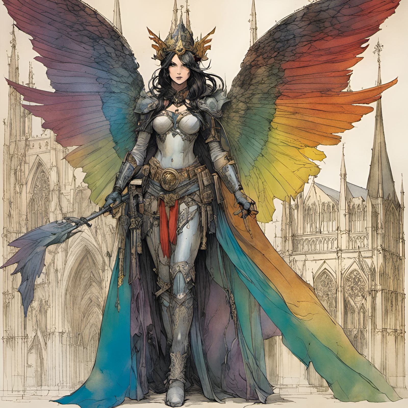 Winged Fairy in Warhammer Armor, Gothic Cathedral Art