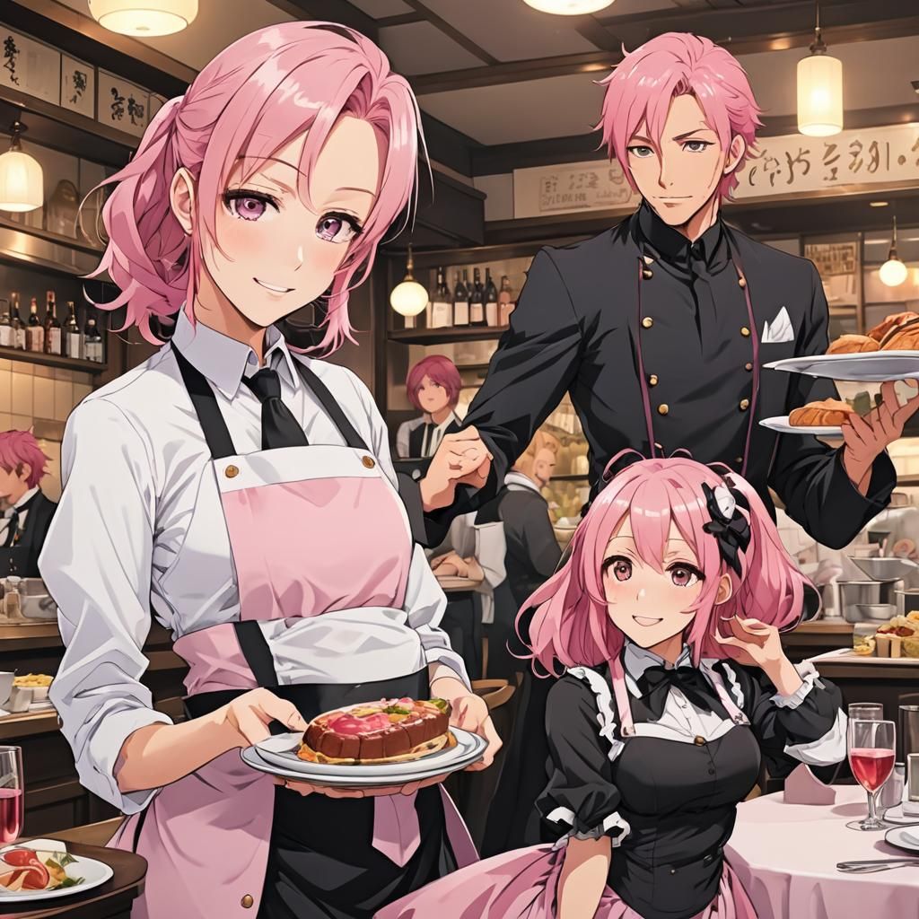 Anime Pregnant Waiter with Pink Hair