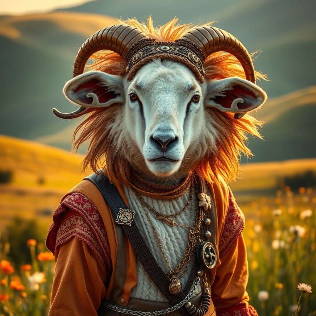 Lamb Cosplayer in Pre-Raphaelite Landscape