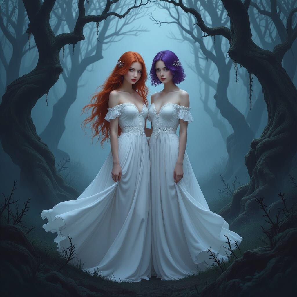 Girls in a Misty Forest at Night