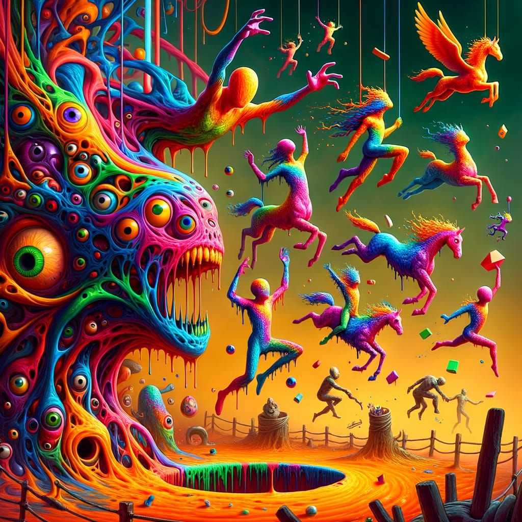 Ethereal Explosion of Colorful Beings in Whimsical Wonderlan...