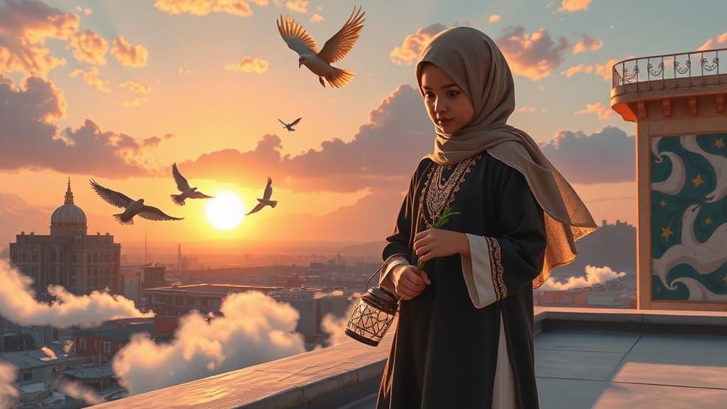 Girl with Olive Branch: Anime-Style Sunset Scene