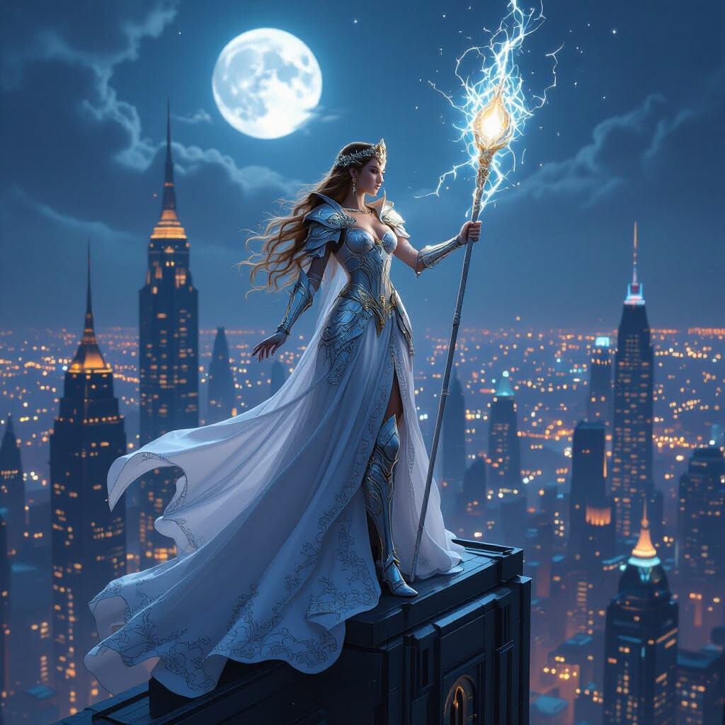 Armored Princess with Magic Staff Overlooks City at Night