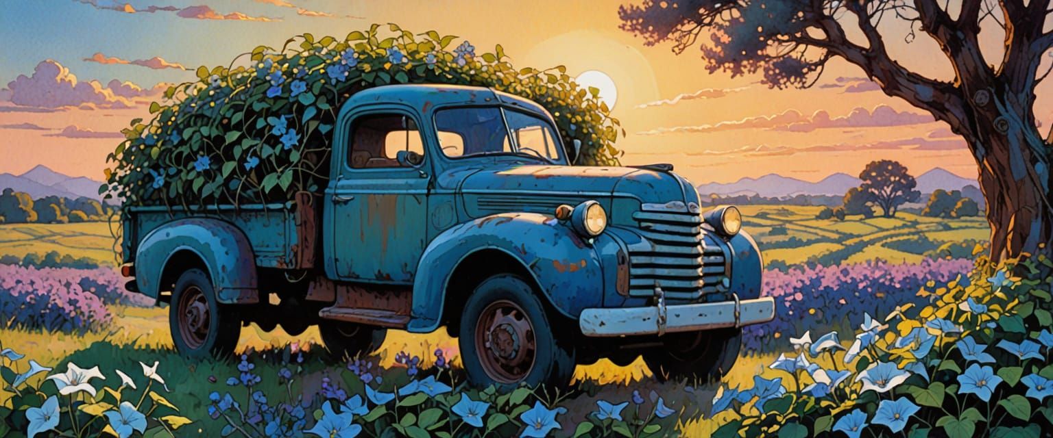 Old Truck Covered in Moonflowers Under Bright Morning Sun