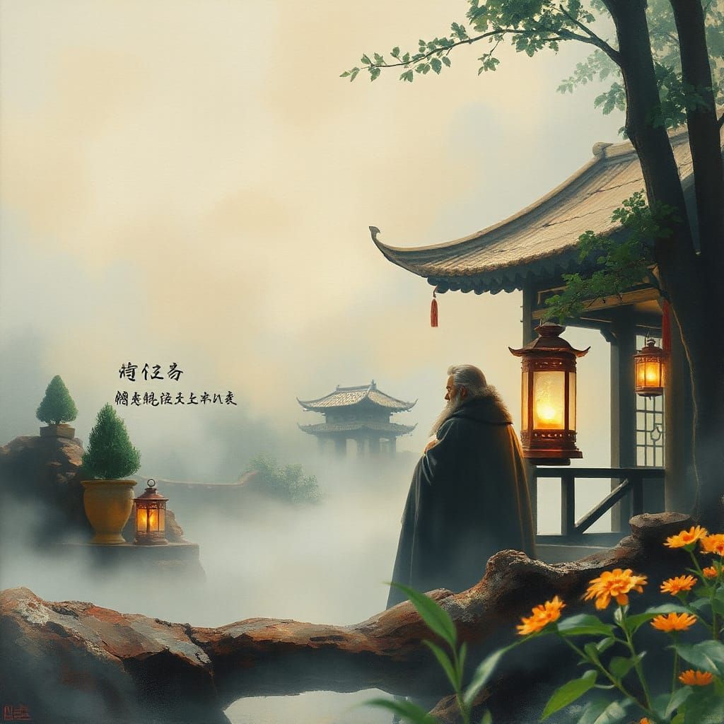 Philosopher in Misty Garden: Dreamy Expressive Art