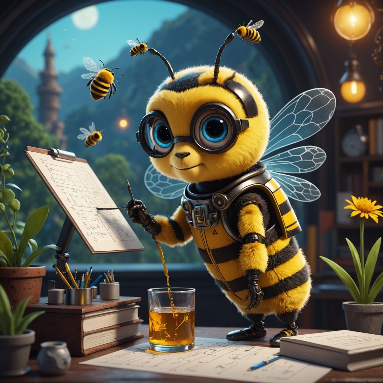 Cute Bee Scientist at Work: Detailed Matte Painting