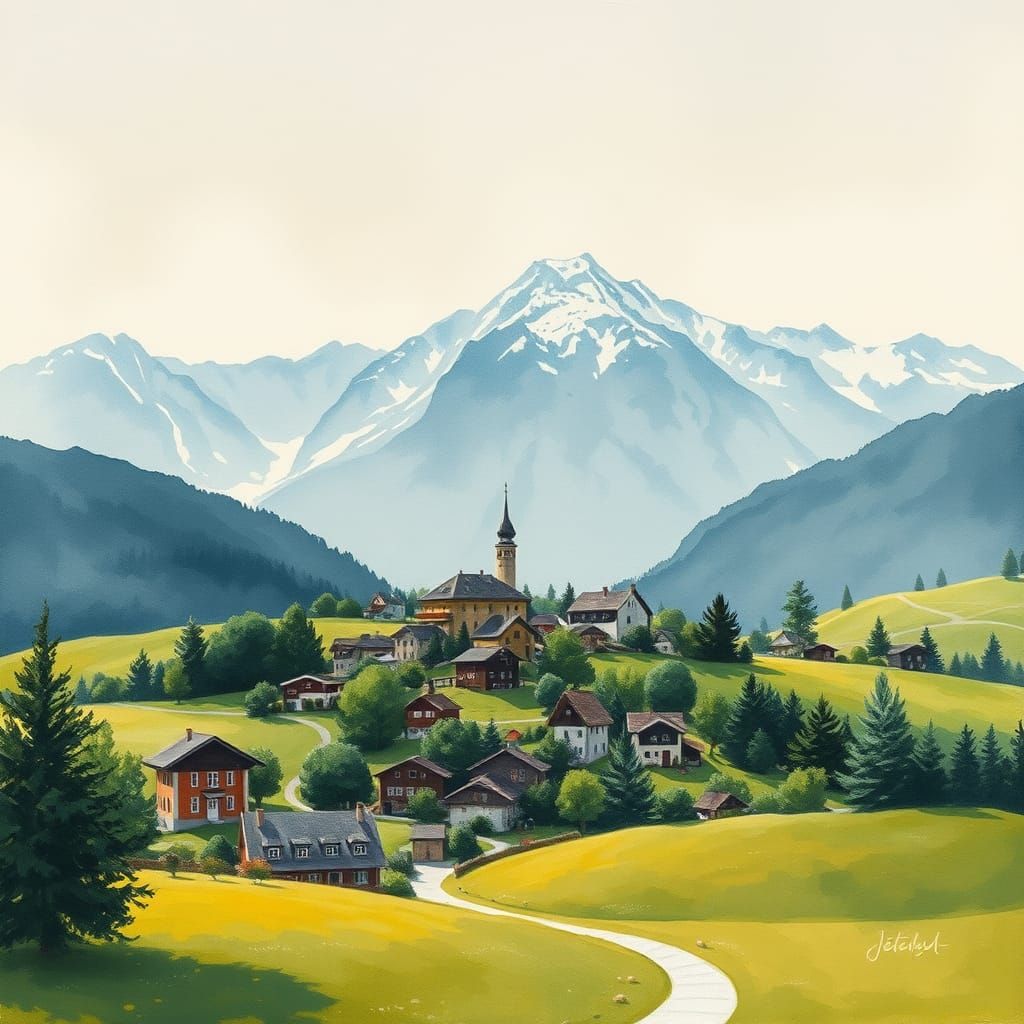 Serene Swiss Village in Earthy Impasto Watercolor