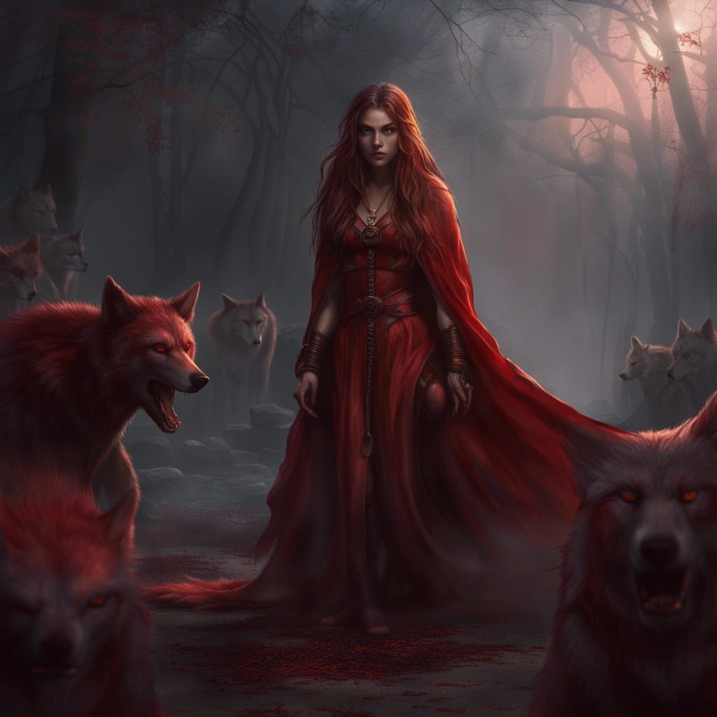 Crimson Wolf Queen in Dark Fantasy Art