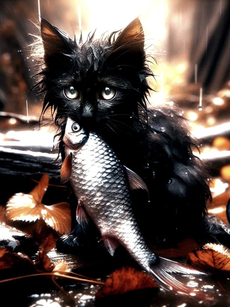 A drenched black kitten clutching a large silver fish with fierce determination