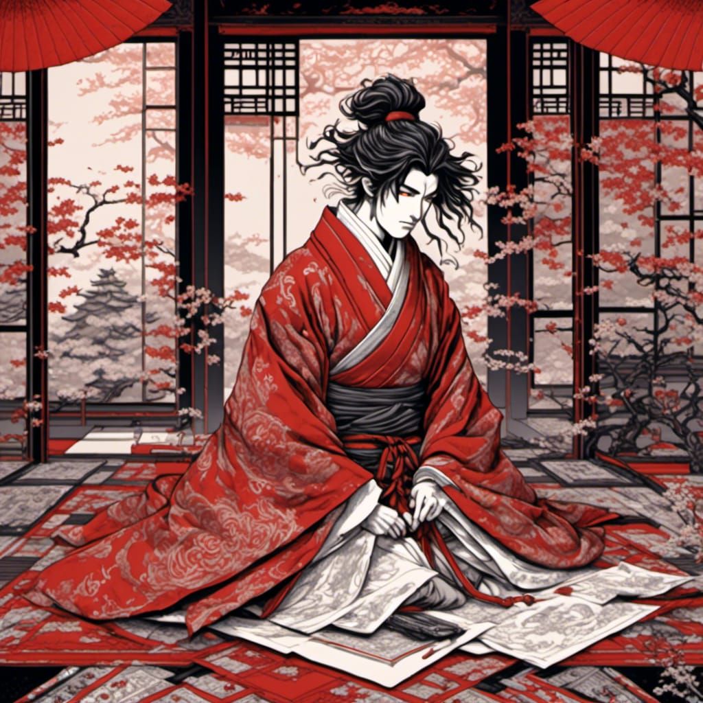 Japanese Lord Practicing Calligraphy in Anime Style