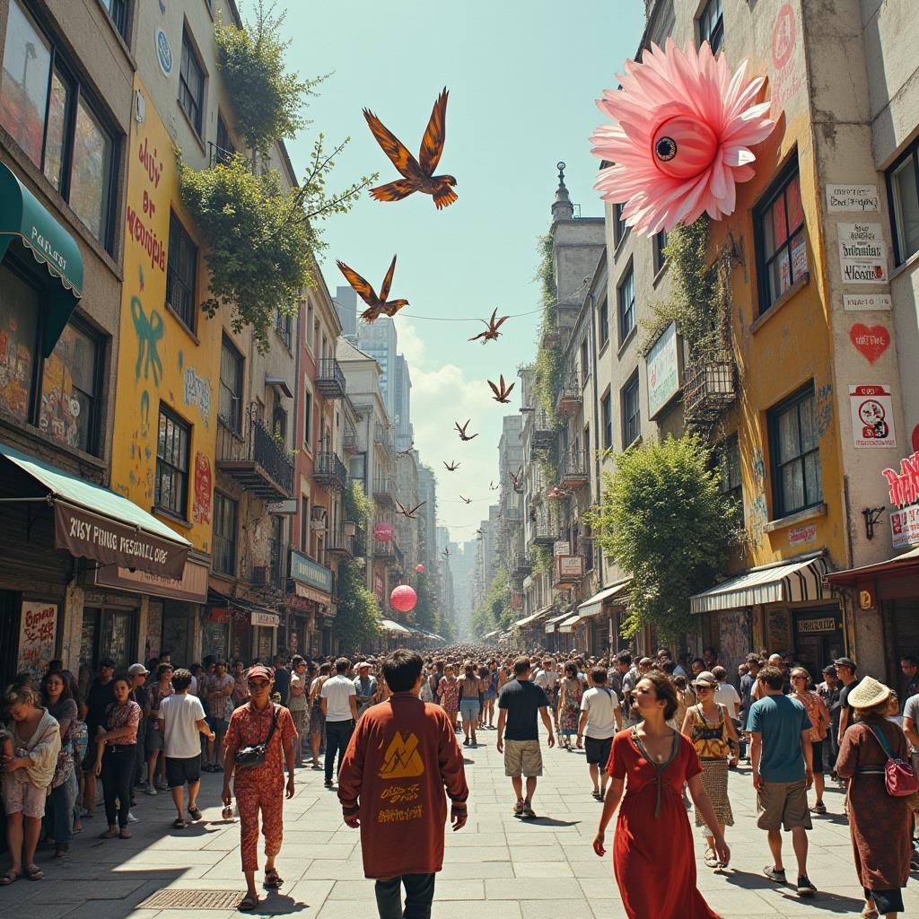 Eclectic City Square in Street Art Style