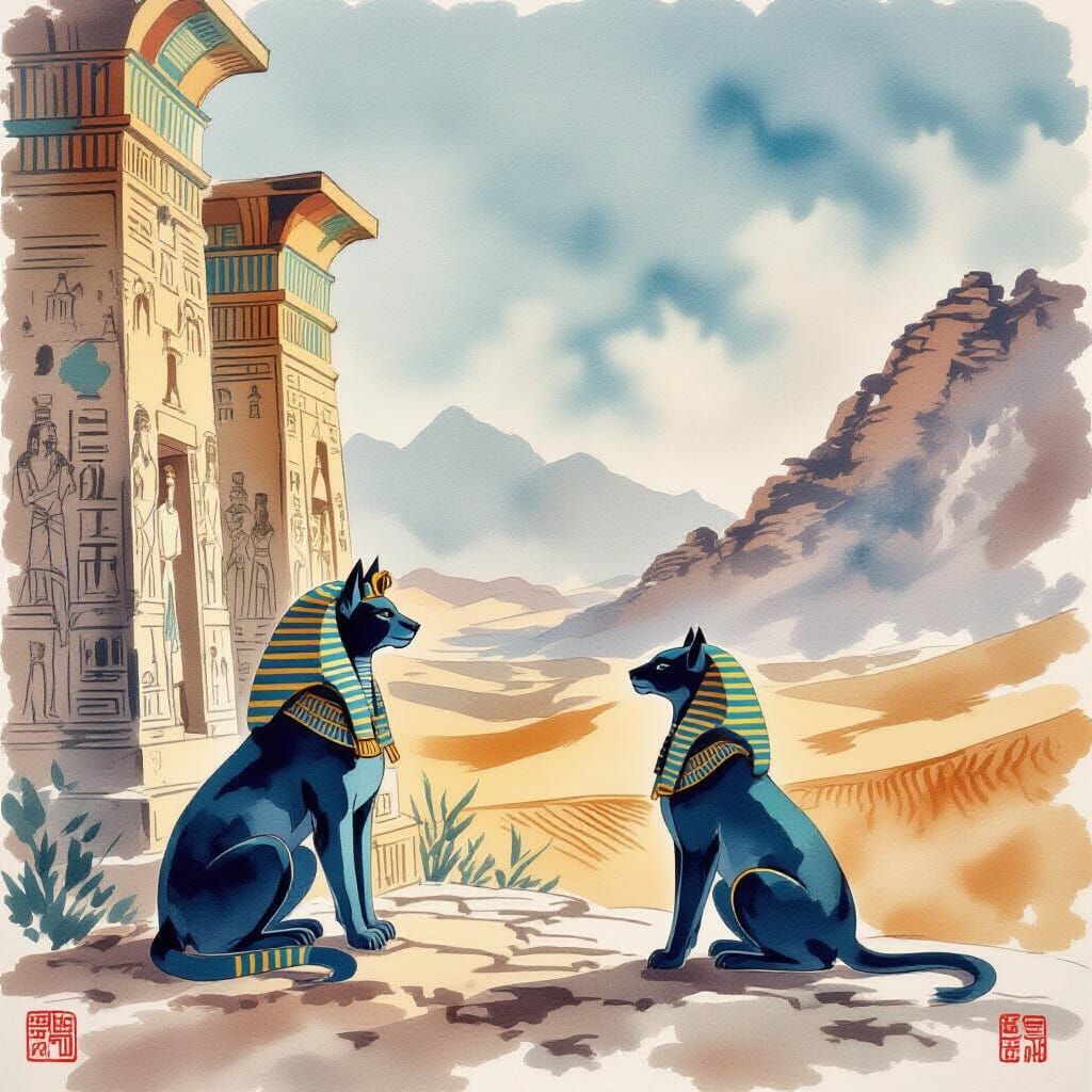Sphinx in Egyptian Desert: Chinese Ink Painting