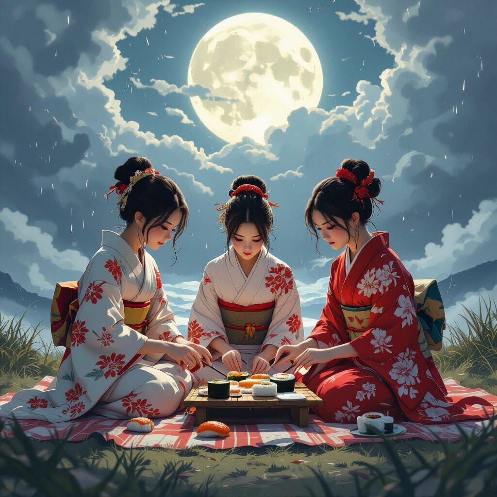 Lunar Picnic: Girls Making Sushi, Stormy Sky, Digital Art