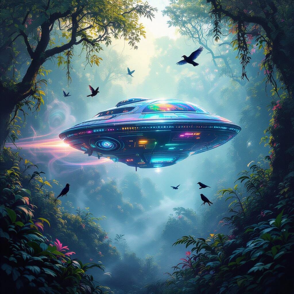 Alien Spacecraft in Enchanted Forest, Hyperdetailed Art