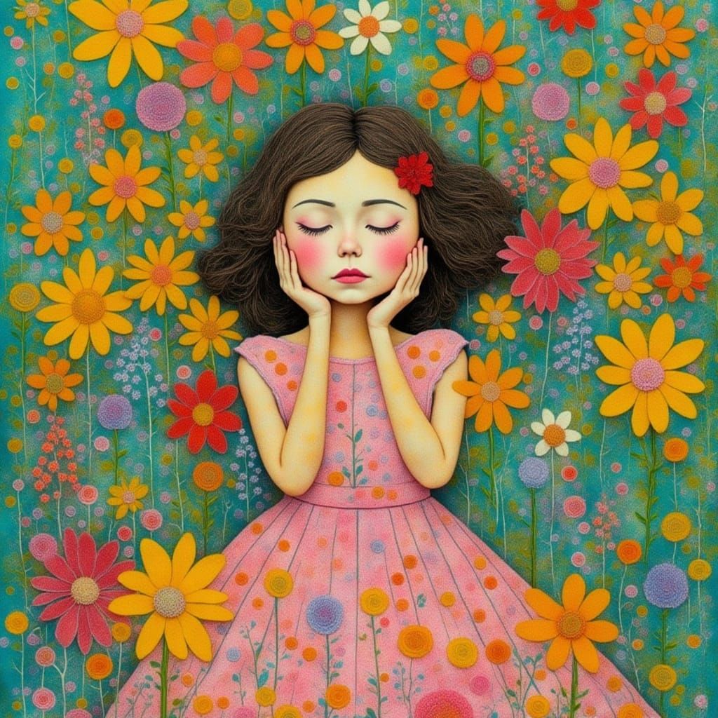Girl Sleeping Among Wildflowers in Whimsical Style