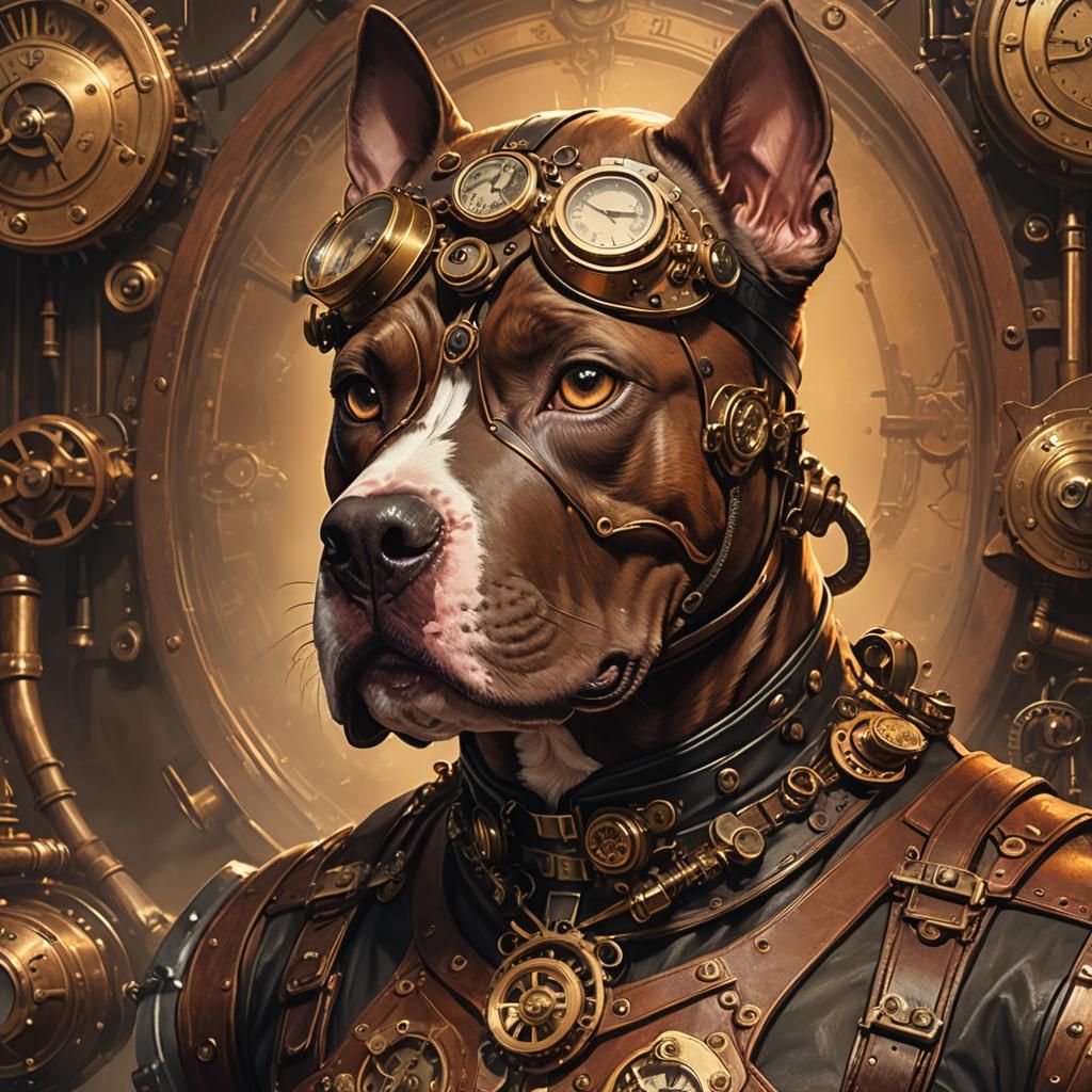 Steampunk Pit Bull Portrait with Clockwork Machinery