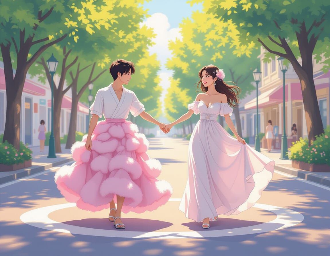 Korean Couple in Vibrant Pastel Anime Style
