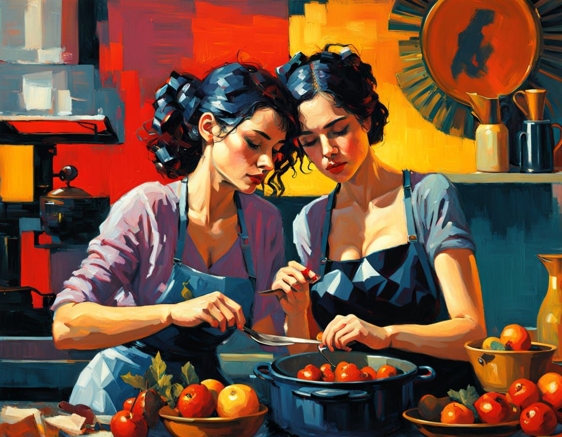 Sapphic Lovers Cooking in Cubist Impasto Style