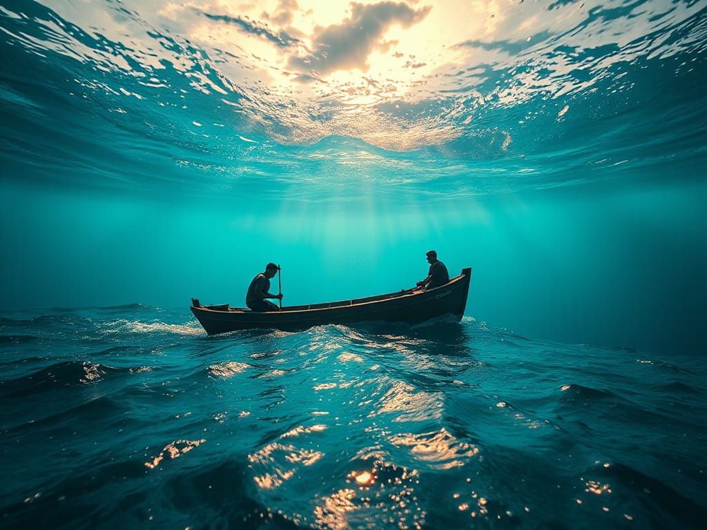 Lost Fishermen Adrift at Sea: Hyperdetailed Concept Art