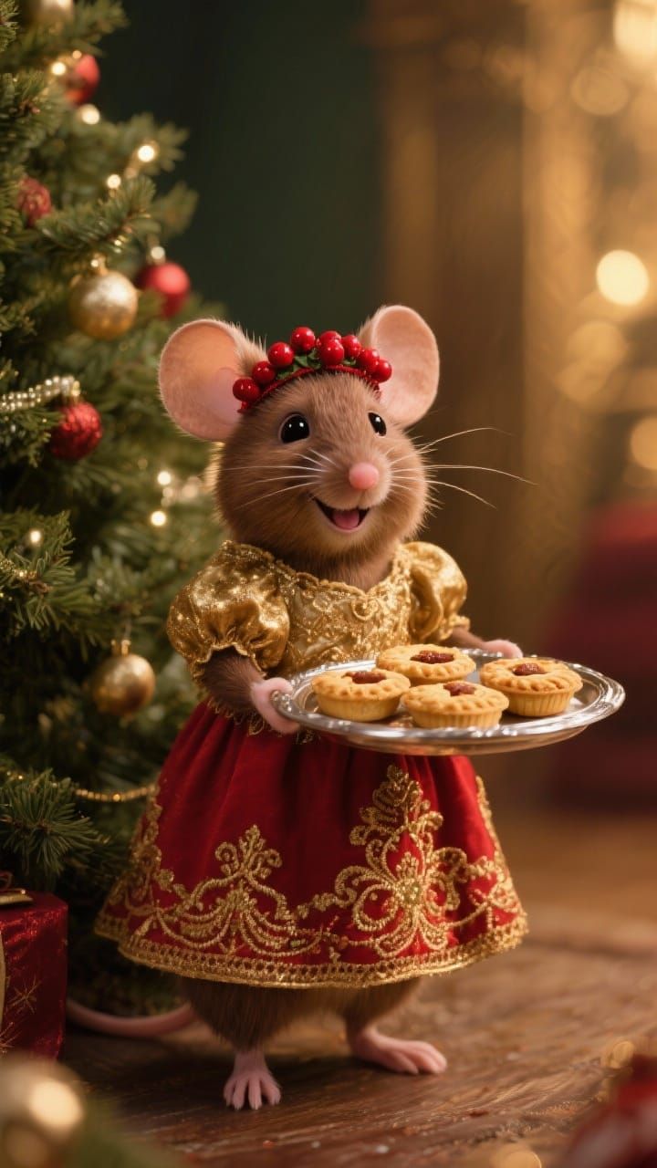 Cute Mouse in Festive Christmas Dress Holding Mince Pies