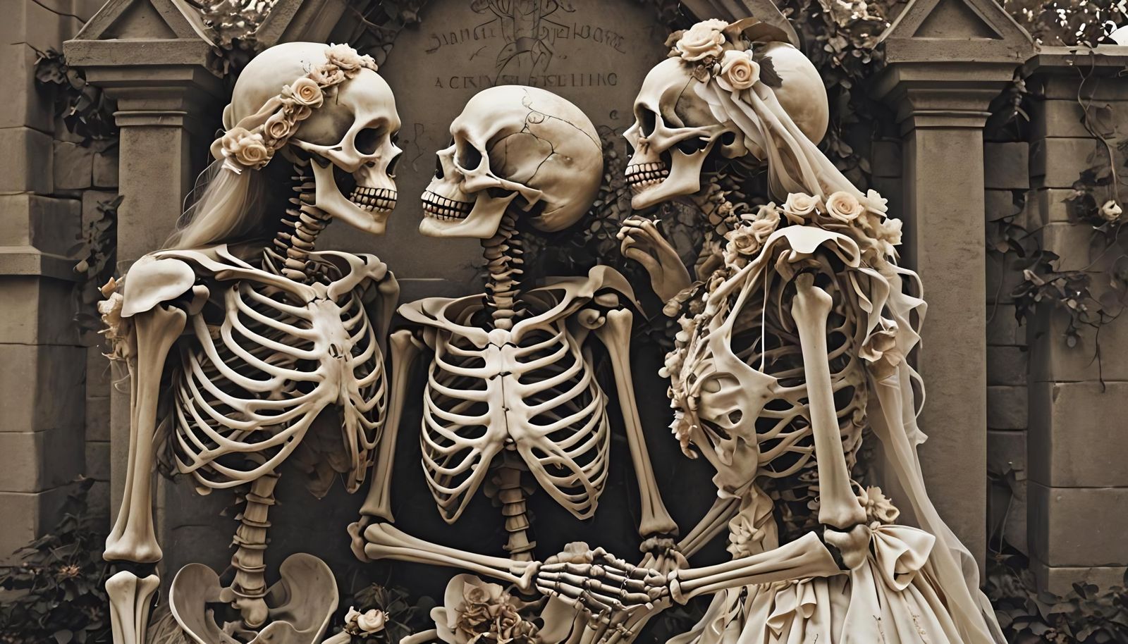Sensual Skeletons Kissing in Graveyard Wedding