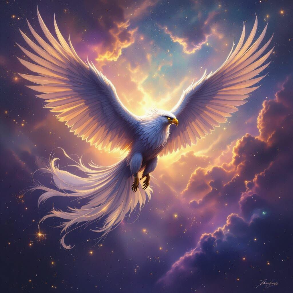 Griffin Soaring Through Nebula: Epic Fantasy Art